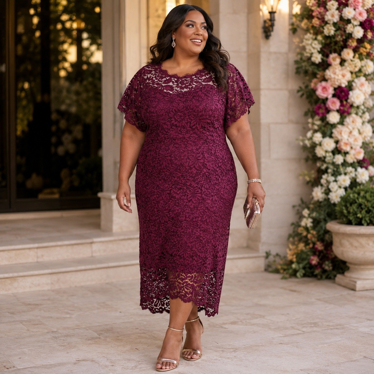 Miusol Magenta Burgundy Floral Lace Midi Dress Plus Size 4xl Nwt Bodycon Wedding